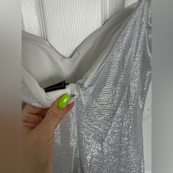 Nightway Long Off-the-Shoulder Metallic Open Leg Maxi Dress - Picture 9 of 14